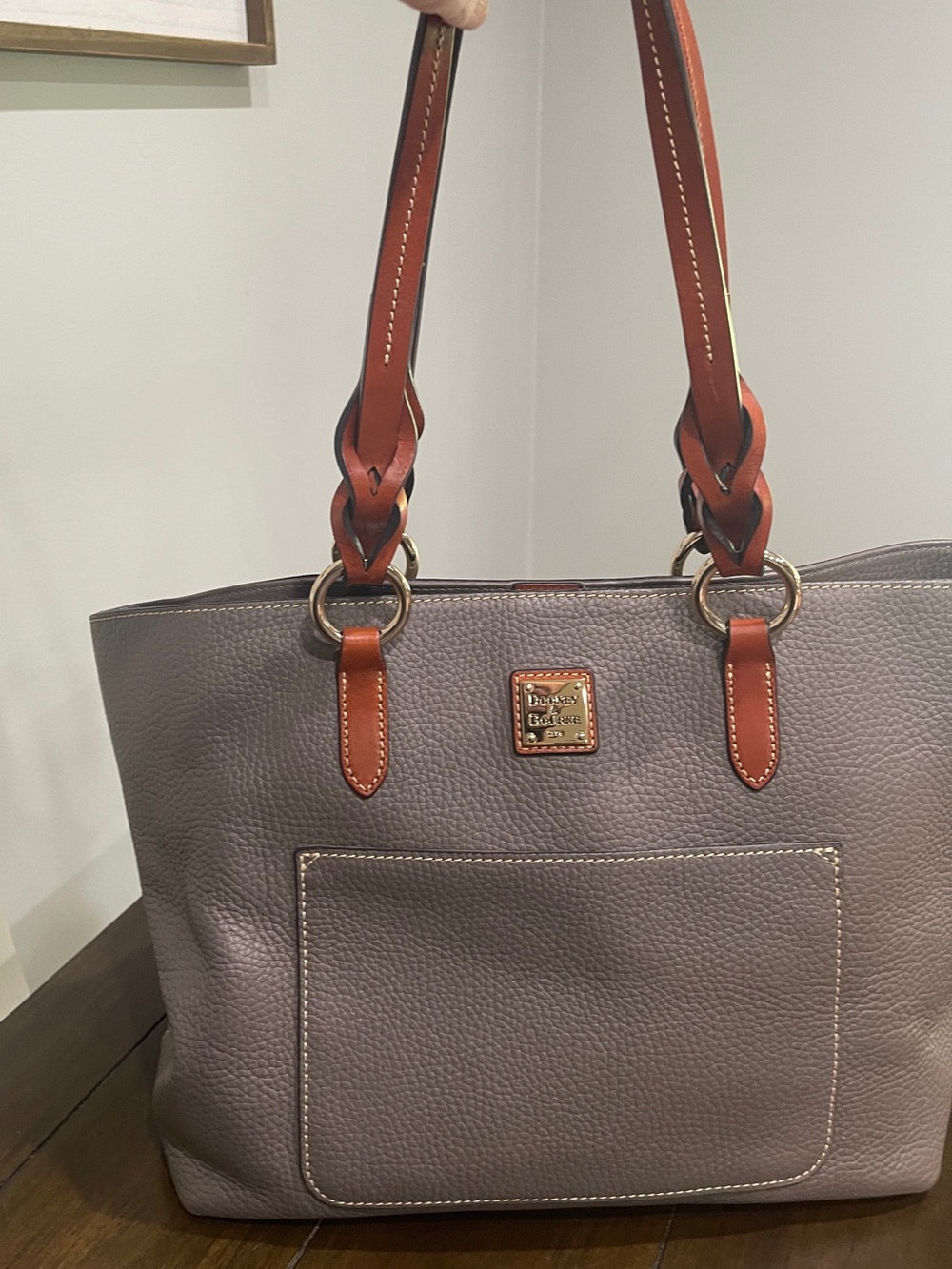 Dooney & Bourke Taupe Pebbled Leather Tote with Chestnut Straps